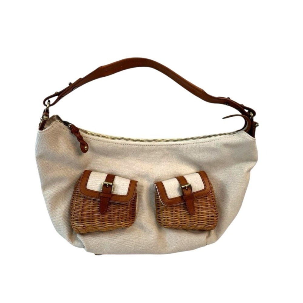 Savoy Canvas Wicker & Leather Shoulder Handbag Purse Cream‎ Brown Strap **STAINS